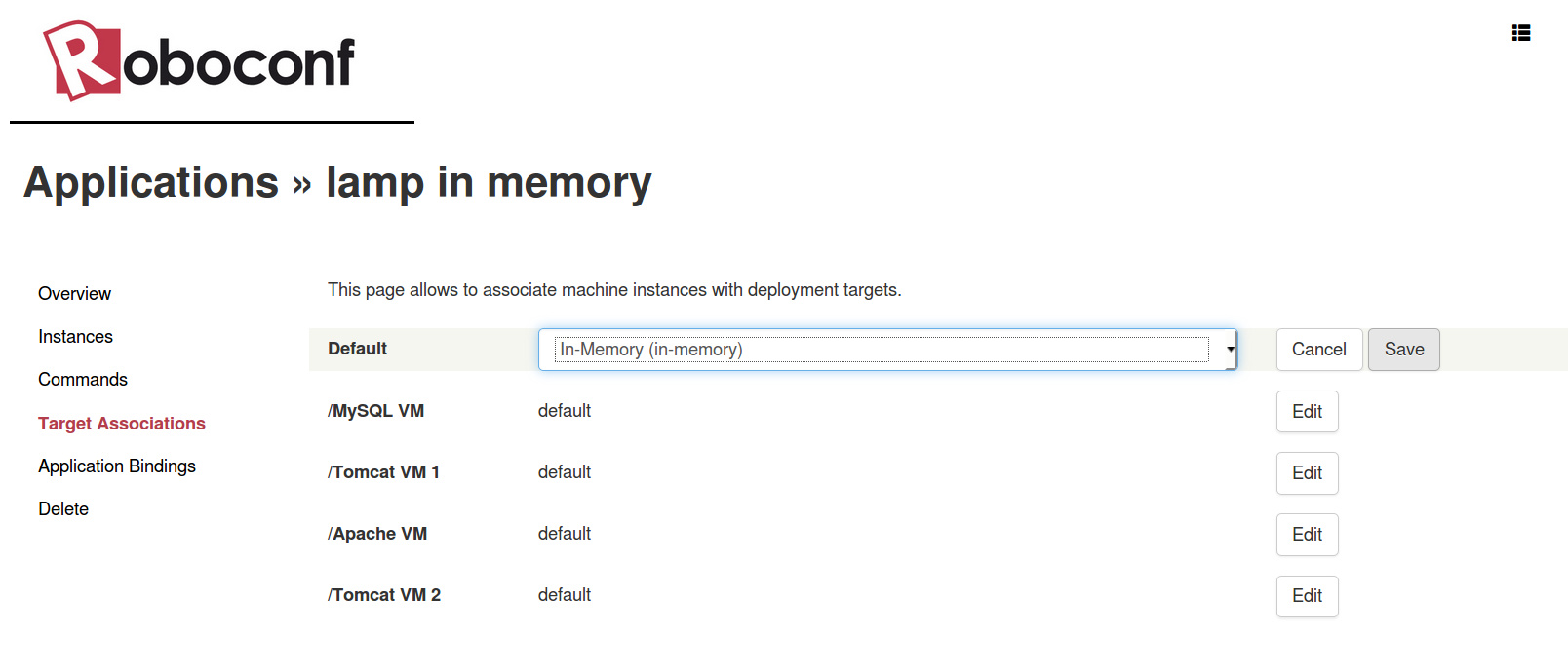 Set a default deployment target, here in-memory